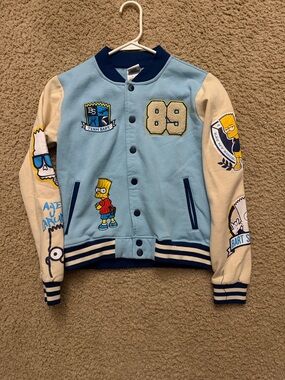 Kids Light Blue & Cream Cartoon Patch Varsity Jacket - Bart Simpson Motif